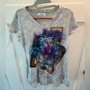Style & Co Petite Rhinestone Graphic V-Neck Tee Gray Boho Art Print Top PS